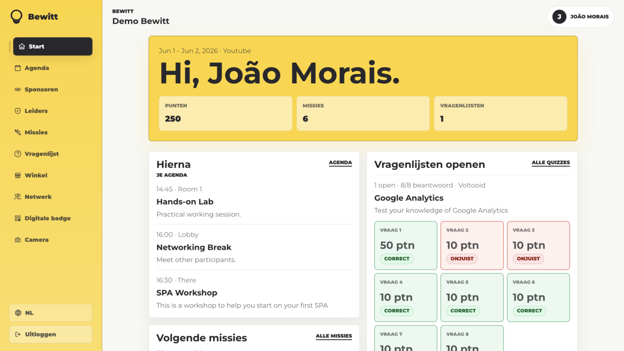 Bewitt attendee view showing event home, agenda, and quick event actions